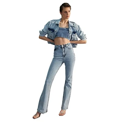 Image of Trendyol Women High Waist Flare Leg Jeans,Blue,36