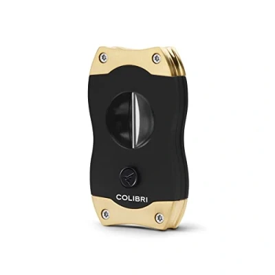 Image of Colibri V Cut Cigar Cutter Black and Brushed Gold Coloured Finish Spring Loaded Release Deep 7mm Up to 60+ Ring Gauge Cigars Ergonomic Design