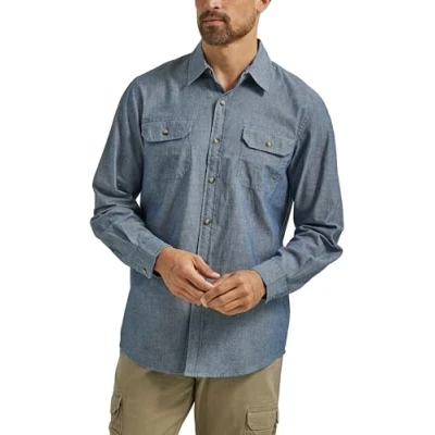 Image of Wrangler Authentics Men&#039;s long Button Down Shirt, Dark Chambray, L UK