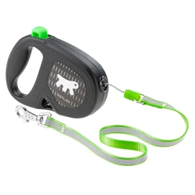 Image of Ferplast FLIPPY ONE REFLEX Reflective Extendable Dog Lead Evening Walks Bag Holder Lock &amp; Release Button Ergonomic Design Tape Max 15 Kg 4m, Green