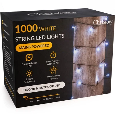 Image of CHRISTOW Christmas Fairy Lights, White LED String Lighting with Timer, Indoor &amp; Outdoor, Tree Mains Operated, 8 Light Modes Flashing Static, Green Cable (100 / 10m Lit Length)