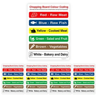 Image of Pack of 5 Colour Coded Chopping Board Stickers Self Adhesive Water Proof Vinyl Sticker 150mm x 200mm V1106