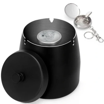 Image of Yurblax Ashtray with Lid [Larger Size, 10 * 9 cm] Stainless Steel Ash Tray Smell Proof and Windproof, Pocket Ashtray, for Outdoors, Garden, Office, Home, Black