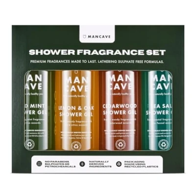Image of Mancave Men&#039;s Ultra Premium Shower Gel Fragrance Gift Set, Featuring 4 x 500ml Natural Sulphate Free Gels: Wild Mint, Lemon &amp; Oak, Cedarwood and Sea Salt fragrances, Vegan Friendly