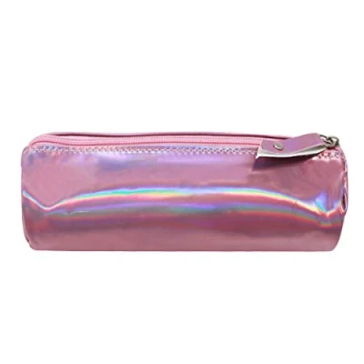 Image of LA HAUTE Holographic Pu Leather Pencil Case Zipper Pen Holder Shiny Cosmetic Bag, Pink