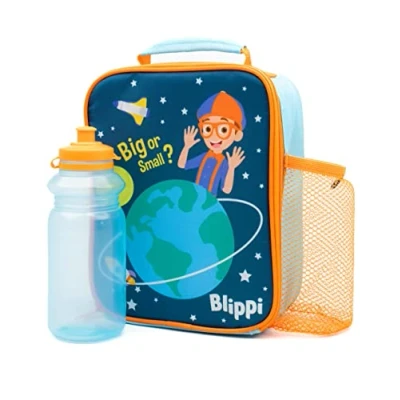 Image of Blippi Lunch Bag and Water Bottle Set for Kids Carry Handle Box with BPA Free Sports Orange Blue Learn Space Adventure Toddlers&#039; Nursery School Food Carrier Keeps Fresh