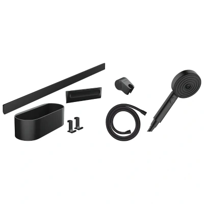 Image of Hansgrohe WallStoris Bundle Hand Shower 105 3 Sprays Activation Water Saving, Wall Bar 70 cm and Storage Set, Matt Black, 24291670