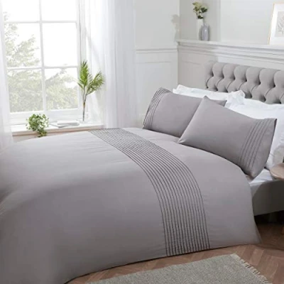 Image of Sleepdown Pintuck Pleated Striped Panel Silver Luxury Easy Care Soft Cosy Duvet Cover Quilt Bedding Set with Pillowcases Double (200cm x 200cm)