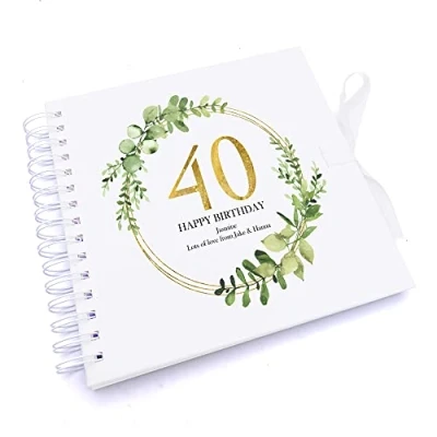 Image of Personalised 40th Birthday Gift for her Scrapbook Photo Album Gold Wreath Design