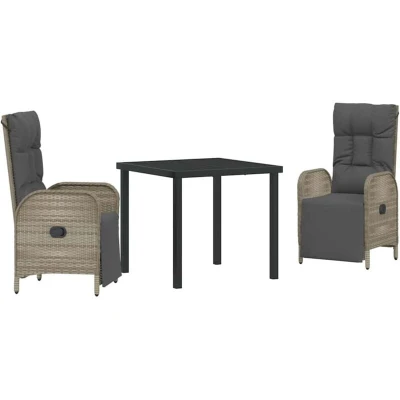 Image of vidaXL 3 Piece Garden Dining Set with Cushions Grey Poly Rattan