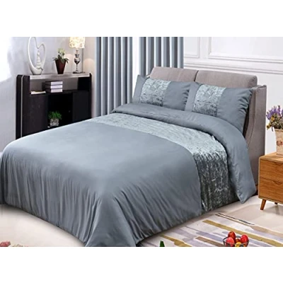 Image of ROOEE Crushed Velvet Panel Duvet Cover with Pillowcase Bedding Set. [ Colour Silver Size Single ]