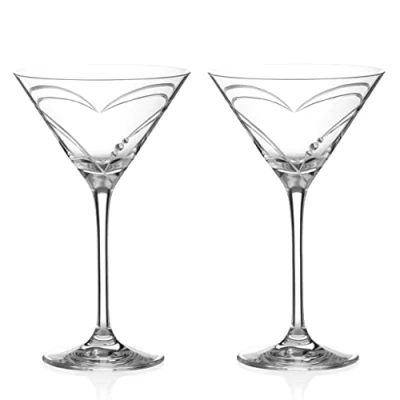 Image of DIAMANTE Swarovski Martini Prosecco Cocktail Glasses Pair ‘Hearts&#039; Hand Cut Crystal Glass with Crystals Gift Box