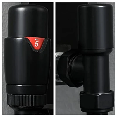 Image of Milano Modern Pair of Black Angled Thermostatic Heated Towel Rail Radiator Valves