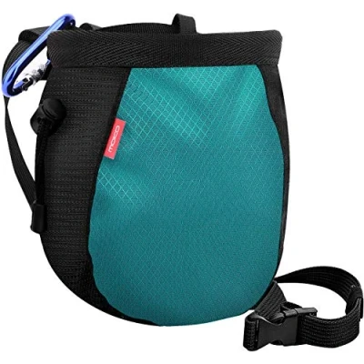 Image of MoKo Rock Climbing Chalk Bag, Bouldering Bag Bucket with Adjustable Belt &amp; Carabiner Drawstring for Weight Lifting Gymnastics Crossfit Black Light Blue