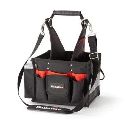 Image of Hultafors Electrician’s tool Bag with 34 individual pockets and holders, including a robust tape strap clip for securing measuring tapes.