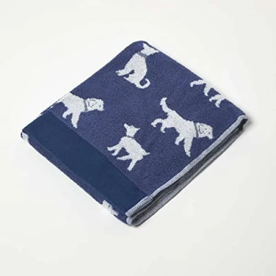 Image of HOMESCAPES Dog Pattern Navy Hand Towel 100% Cotton Super Absorbent &amp; Soft 500 GSM Small Guest with Animal Design