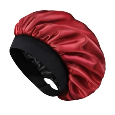 Image of Hat Hut Satin Bonnet Silk Sleep Cap for Women Hair Curly Sleeping Adjustable Wide Band Double Layer (A10 Burgundy)