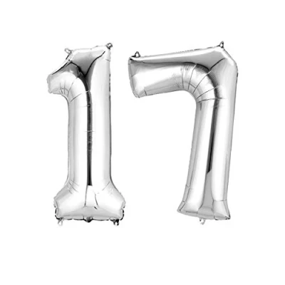 Image of Inflated Large Silver 17th Birthday Helium Number Balloons on Weights