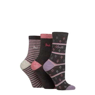 Image of Women&#039;s 3 Pair Pringle Christmas Patterned Cotton Socks with Gift Tag Charcoal Diamond / Stripe 4 8