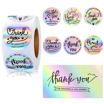 Image of 500Pcs Thank You Stickers with 60 Sheet Holographic Cards 1 inch for Supporting My Small Business Adhesive Retailers Boutiques Shops