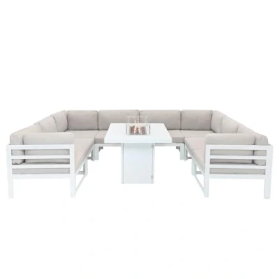 Image of Modular Garden Furniture Set Large White 8 Seater U Shape Cushioned Sofa &amp; Table With Gas Fire Pit 9 Piece Aluminium Lounge Seating Dining Outdoor Patio Conversion Corner Waterproof Rain Cover