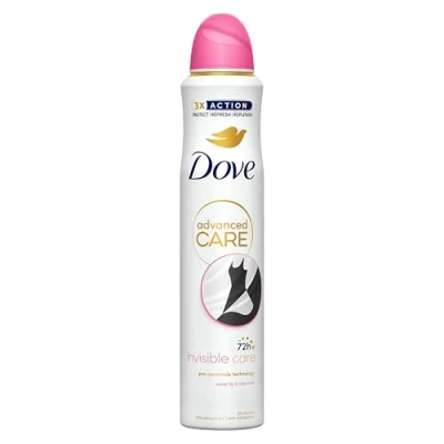 Image of Dove Advanced Care Invisible Anti perspirant Deodorant with Triple Moisturising technology Spray for 72 hour protection and no white marks or yellow stains 200 ml