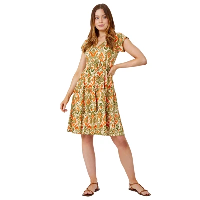 Image of Roman Originals Aztec Print Tiered Tea Dress for Women UK Ladies Everyday Holiday Spring Summer V Neckline Comfy Soft Evening Vacation Work Party Khaki Size 18