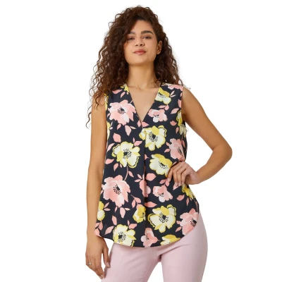 Image of Roman Originals Women Pleated Vest Tank Top Ladies Sleeveless Blouse Shirt Tunic Summer Autumn Everyday Holiday V Neck Work Office Cocktail Party Special Occassion Going Out Yellow Size 10