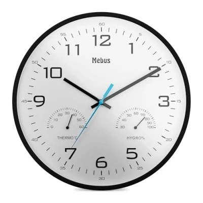 Image of Mebus Temperature and Humidity Analog Quartz Wall Clock with Thermometer Hygrometer, Plastic, Black, 30 cm Diameter, 16180