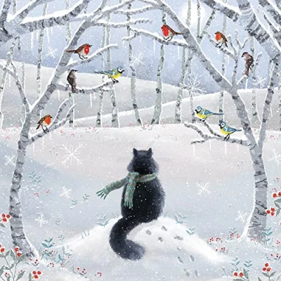 Image of Museums &amp; Galleries Pack of 8 Artistic Charity Christmas Cards &#039;Festive Friends&#039; Cat, Robins and Blue Tits in The Snow, multi, 160 x mm