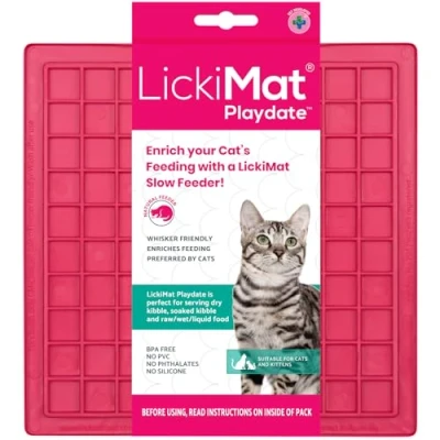 Image of LickiMat Classic Playdate Cat Slow Feeders Lick Mat, Boredom Anxiety Reducer; Perfect for Food, Treats, Yogurt, or Peanut Butter. Fun Alternative to a Feed Bowl Dish, Pink