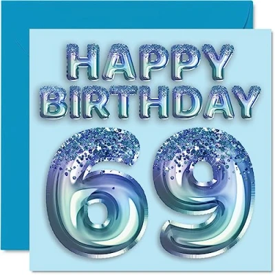Image of 69th Birthday Card for Men Blue Glitter Party Balloon Happy Cards 69 Year Old Man Uncle Grandad Dad Grandpa Gran, 145mm x Sixty Nine Ninth Bday Greeting Gift