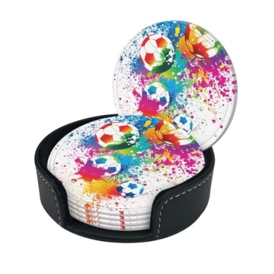 Image of Colorful Football Print Round Leather Coasters Set Of 6, Ultra Fiber Pu