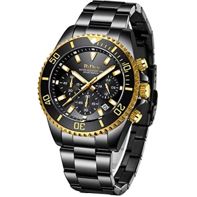 Image of BIDEN Mens Watches Men Designer Chronograph Military Waterproof Analogue Quartz Watch Stainless Steel Wrist Fashion Large Date for Gold