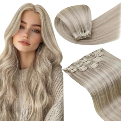 Image of LaaVoo Clip in Hair Extensions Real Human 14 Inch 7pcs 120g Dark Blonde Highlight Platinum Seamless Remy #18/613