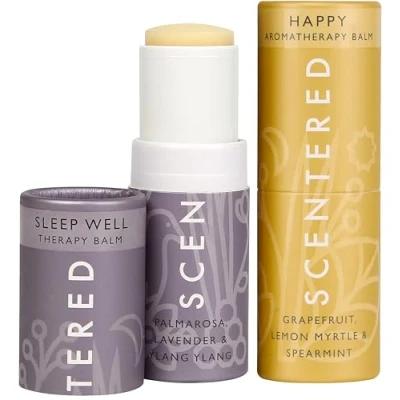 Image of Scentered Sleep Well &amp; Happy Aromatherapy Essential Oil Balm Gift Set Restful Gratitude Natural Blends of Ylang Ylang, Lemon, Lavender Oils Gifts for Women