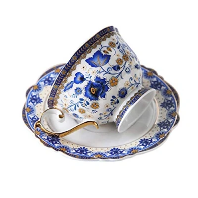 Image of fanquare Fine Bone China British Coffee Cup and Saucer Set, Blue Floral Vintage Porcelain Tea Cup, 200ml