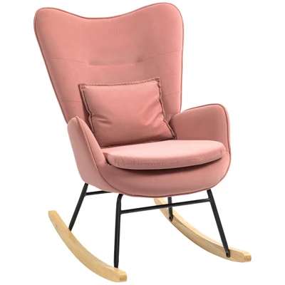 Image of HOMCOM Velvet Rocking Chair with Lumbar Pillow, Rocker Armchair Metal Legs and Wood Base for Living Room, Bedroom, Pink
