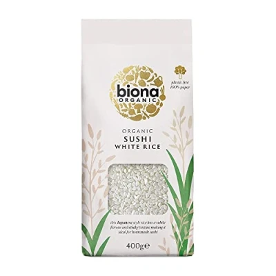 Image of Biona Organic Sushi Rice Short Grain White Japanese Style, Sticky Texture Ideal for Homemade Sushi, Stir Frys &amp; Poke Bowls Non GMO, Vegan Plastic Free