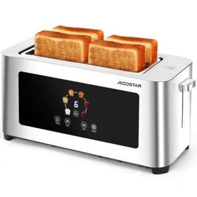 Image of Aigostar 4 Slice Long Slot Toaster Stainless Steel, Extra Wide Slots, Digital Touch Control, 6 Browning Levels, Defrost Cancel Reheat Functions, 1400W Perfect for Thick &amp; Thin Bread
