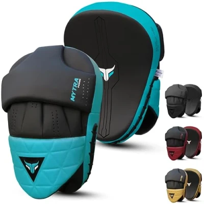Image of Mytra Fusion Boxing Pads Curved Kickboxing MMA, Muay Thai, Martial Arts, Punching, Karate Training Mitts (Black/Turquoise)