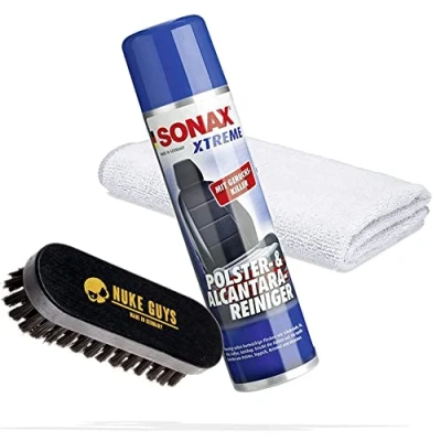 Image of detailmate Set for cleaning and care of leather, upholstery textiles, Sonax Xtreme cleaner 0.4 L + Nuke Guys brush S microfibre cloth