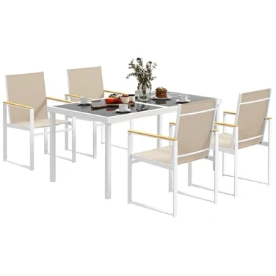 Image of Outsunny 5 Piece Garden Table and Chairs, Outdoor Dining Set with Tempered Glass Top, 4 Armchairs High Backrest, Seater Furniture for Deck, Balcony