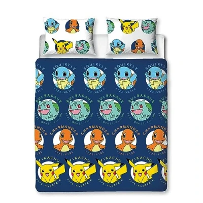 Image of Character World Pokemon Official Double Duvet Cover Set, Gotta Design Blue Reversible Pikachu Squirtle Charmander 2 Sided Bedding Merchandise Including Matching Pillow Cases