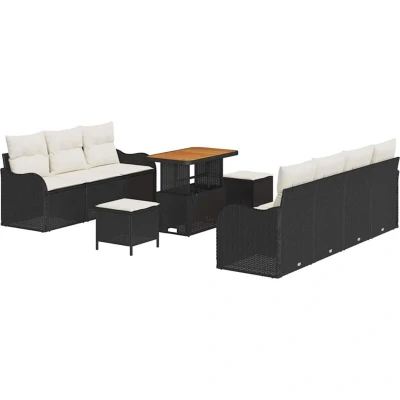 Image of vidaXL 10 Piece Garden Sofa Set with Cushions in Black Poly Rattan Acacia