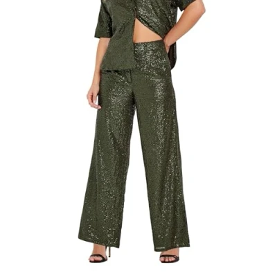 Image of PixieGirl Khaki Green Sequin Embellished Wide Leg Trousers Petite