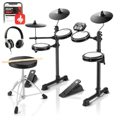 Image of Donner DED 80 Electric Drum Kit, Electronic Sets for Beginner with 4 Quiet Mesh Pads, 2 Switch Pedal, 180+ Sounds, Throne, On Ear Headphones, Sticks, and Melodics Lessons Included Black