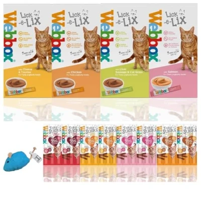 Image of Webbox Cats Delight Tasty Sticks Chews Treats Variety Pack (6x4) &amp; Cat Lick e lix Food Yoghurt (4x4)