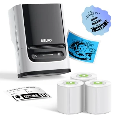 Image of Nelko Label Maker Machine with Tape, PM220 Bluethooth Printer, 2 Inch Portable Thermal Printer for Small Business, Logo, Clothing, Sticker Phones &amp; PC, 3 Labels, White