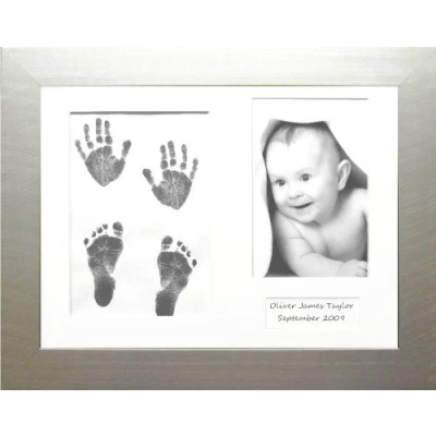 Image of BabyRice Baby Hand and Footprint Kit with Silver Frame White 3 mount (Black Inkless Wipe)